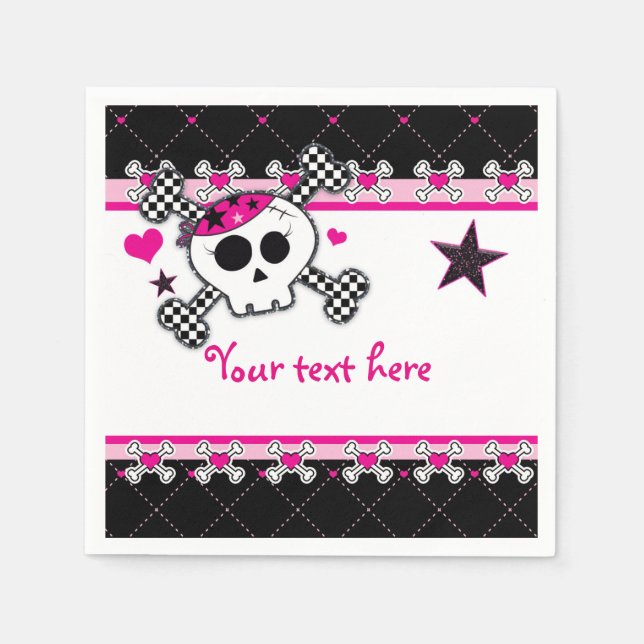 Pink Skull Crossbones & Hearts Party Napkins Serviette (Vorderseite)