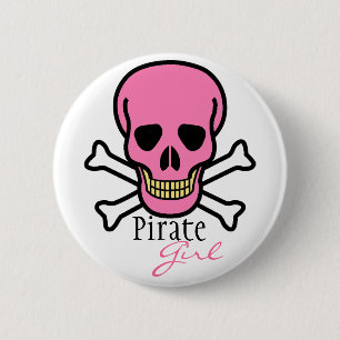 Pink Skull Pirate Girl Button