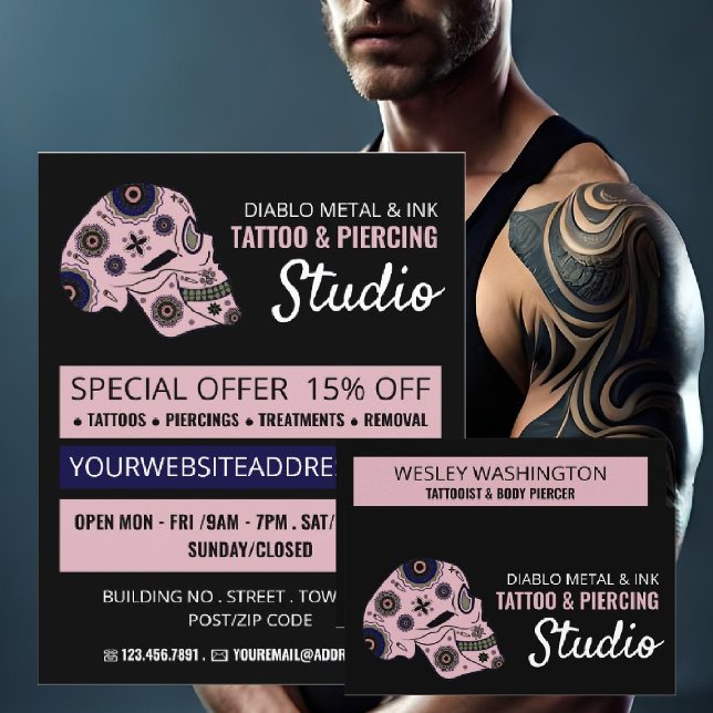 Pink Skull Tattoo, Tattoo & Body Piercing Studio Flyer (Von Creator hochgeladen)