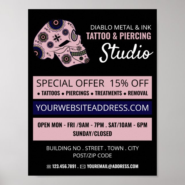 Pink Skull Tattoo, Tattoo & Body Piercing Studio Poster (Vorne)
