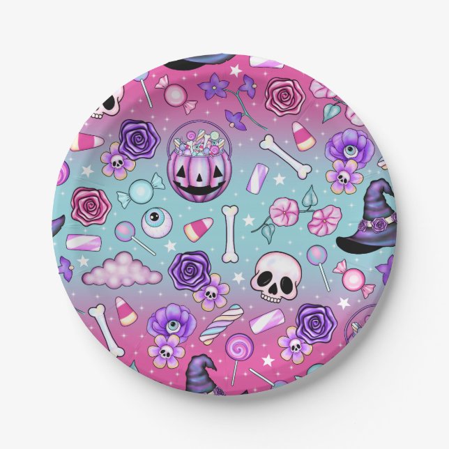 Pink Skulls & Candy Floral Halloween Teller (Vorderseite)