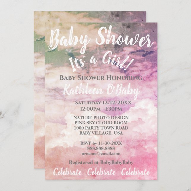 PINK SKY CLOUDS FOTO BABY MÄDCHEN EINLADUNG (Vorne/Hinten)