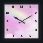 Pink Sky mit Lemon Gelber Regenbogen Quadratische Wanduhr<br><div class="desc">Eine Uhr mit schönem Hintergrund. Ein rosa pastellfarbener Himmel mit flauschigen Wolken und einem Zitronenbogen. Magisches und skurriles Design.</div>