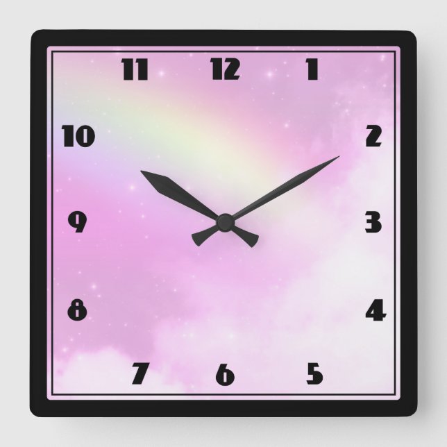 Pink Sky mit Lemon Gelber Regenbogen Quadratische Wanduhr (Vorderseite)
