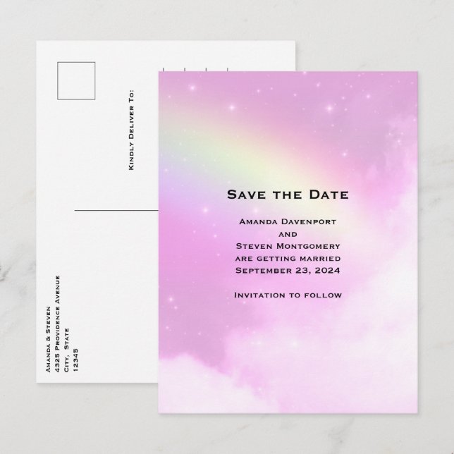 Pink Sky mit Lemon Yellow Rainbow Save the Date Einladungspostkarte (Vorne/Hinten)