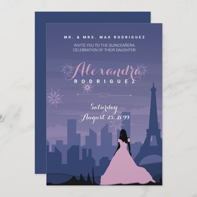 Pink & Slate Blue Paris Feuerwerk Quinceañera Einladung (Vorne/Hinten)