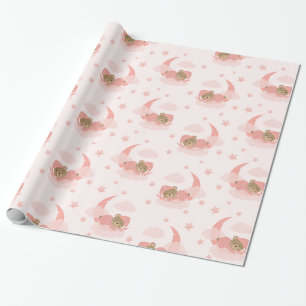 Pink Sleeping Baby Bear auf Mond Wolken & Stars Geschenkpapier