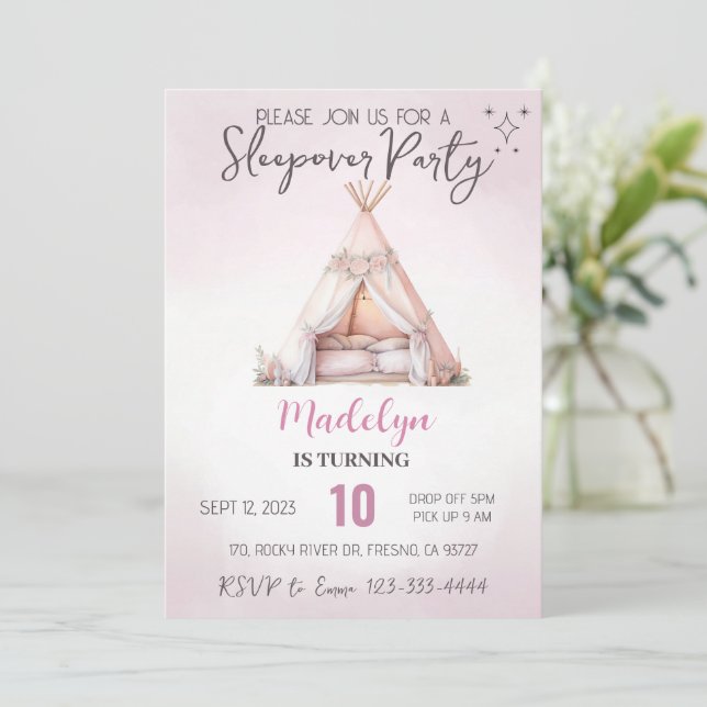Pink Sleepover Boho Teepee Slumber Party Geburtsta Einladung (Stehend Vorderseite)