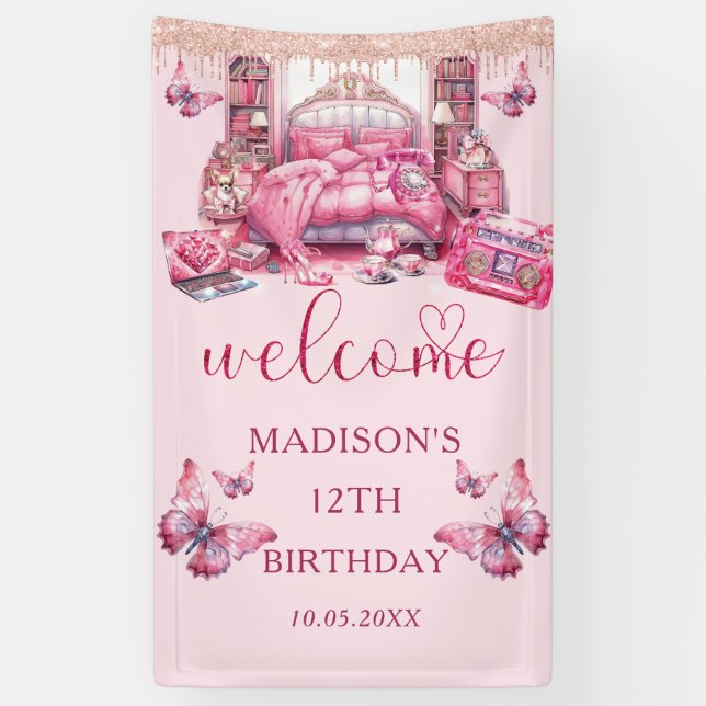 Pink Sleepover Girl Geburtstag Personalisiert Banner (Vertikal)
