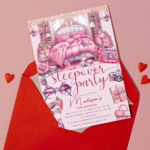 Pink Sleepover Girl Geburtstags-Glitzer Einladung