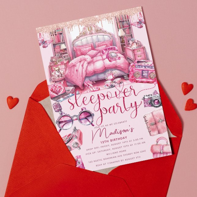Pink Sleepover Girl Geburtstags-Glitzer Einladung (Von Creator hochgeladen)