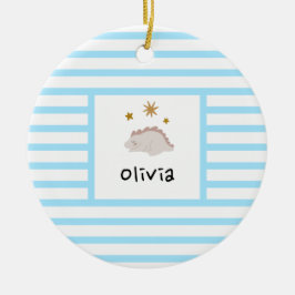 Pink Sleepy Baby Dino | Baby Blue Stripe Modern Keramik Ornament