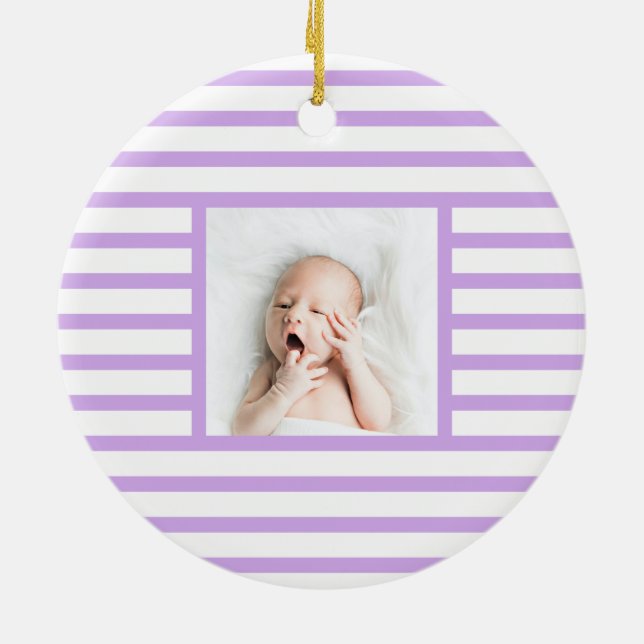 Pink Sleepy Baby Dino | Lila Streifen modern Keramik Ornament (Hinten)