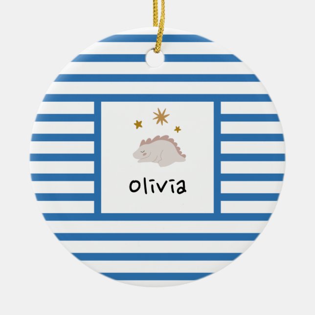 Pink Sleepy Baby Dino | Navy Blue Strip Modern Keramik Ornament (Vorne)