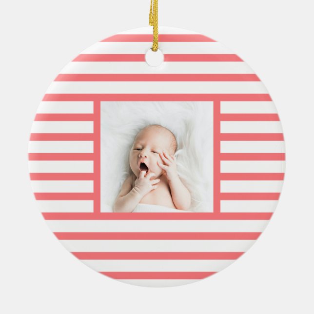 Pink Sleepy Baby Dino | Rosa Streifen modern Keramik Ornament (Hinten)