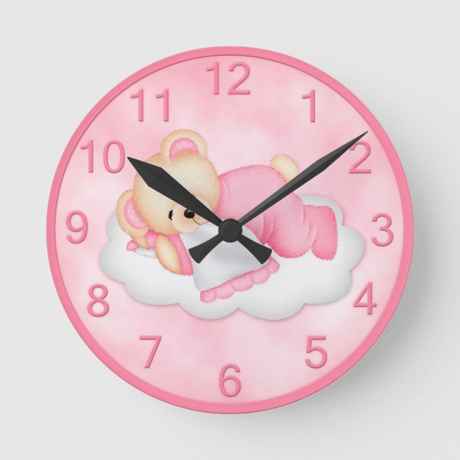 Pink Sleepy Bear Clock Runde Wanduhr (Vorderseite)