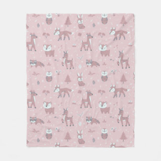 Pink Sleepy Little Woodland Critters Fleecedecke