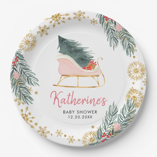 Pink Sleigh Baby Dusche Kleines Bündel von Freude Pappteller (Vorderseite)