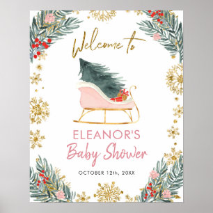 Pink Sleigh Winter Saison Baby Dusche Begrüßungsze Poster