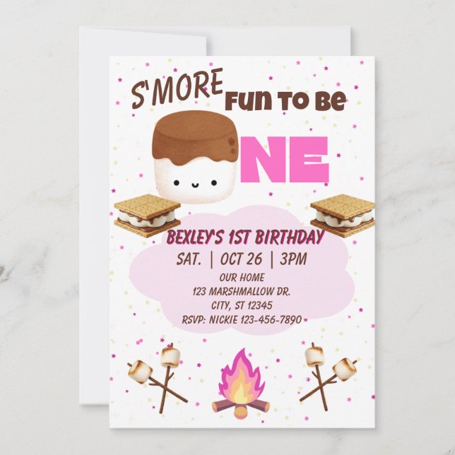 Pink, S'more Fun to be One, 1st Birthday Einladung (Vorderseite)