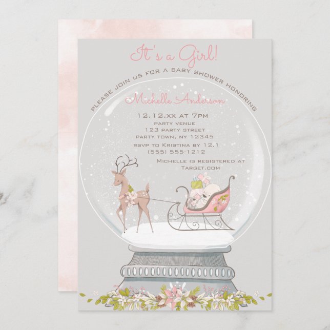 Pink Snow Globe Bear Deer Girl Baby Dusche Einladung (Vorne/Hinten)