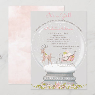 Pink Snow Globe Bear Deer Girl Baby Dusche Einladung