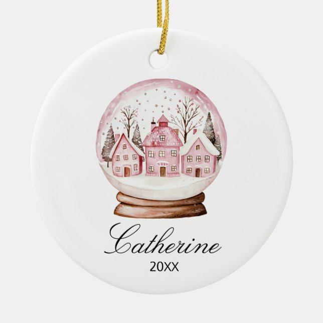 Pink Snow Globe Christmas Cozy Town Custom Name Keramik Ornament (Vorne)