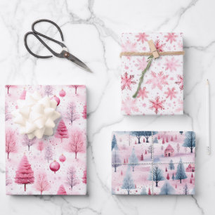 Pink Snow Weihnachten Cartoon Design Geschenkpapier Set