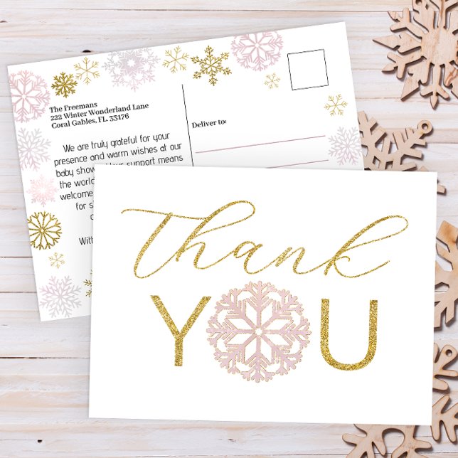 Pink Snowflake Baby Dusche Danke Postcard Postkarte (Pink & Gold Winter Wonderland Baby Shower Thank You Postcard)