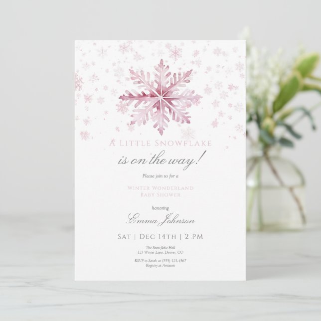 Pink Snowflake Baby Dusche Einladung (Stehend Vorderseite)