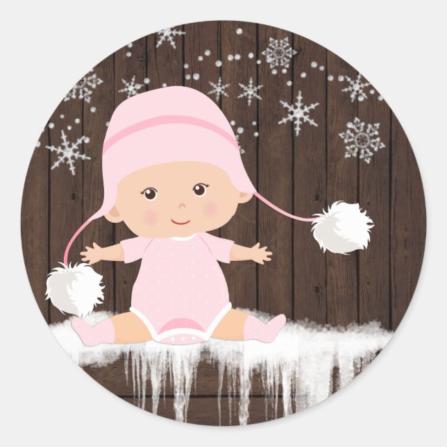 Pink Snowflake Baby Shower Stickers (Vorderseite)