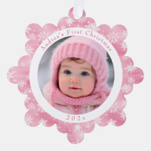 Pink Snowflake Baby's First Christmas Foto Ornament Karte