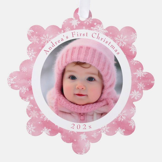Pink Snowflake Baby's First Christmas Foto Ornament Karte (Vorderseite)