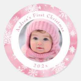 Pink Snowflake Baby's First Christmas Foto Runder Aufkleber