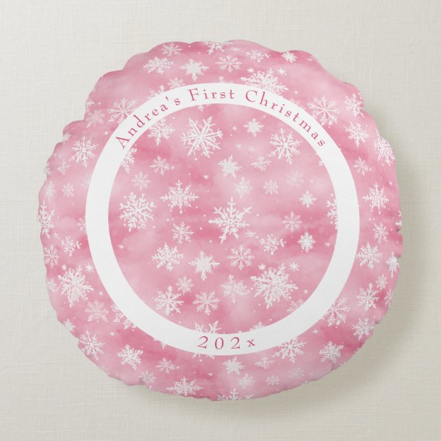 Pink Snowflake Baby's First Christmas Foto Rundes Kissen (Vorderseite)