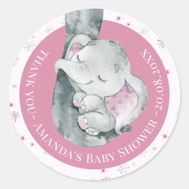 Pink Snowflake Elephant Winter Girl Babydusche Runder Aufkleber (Vorderseite)