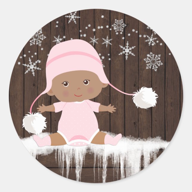 Pink Snowflake Ethnic Girl Baby Shower Aufkleber (Vorderseite)
