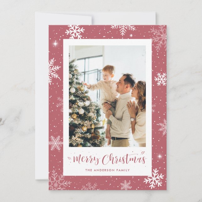 Pink Snowflake Foto Weihnachtskarte Feiertagskarte (Vorderseite)
