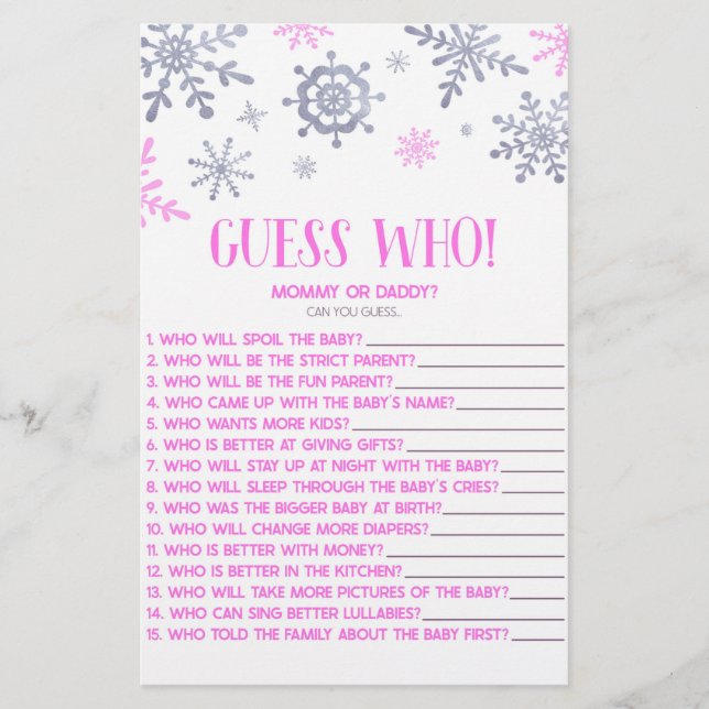 Pink Snowflake Guess Who! Baby Shower Game Briefpapier (Vorderseite)