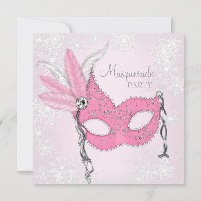 Pink Snowflake Masquerade Party Einladung (Vorderseite)