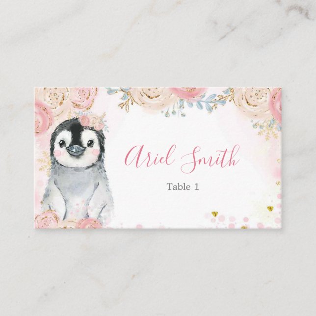 Pink Snowflake Pinguin Winter Platzkarte (Vorderseite)