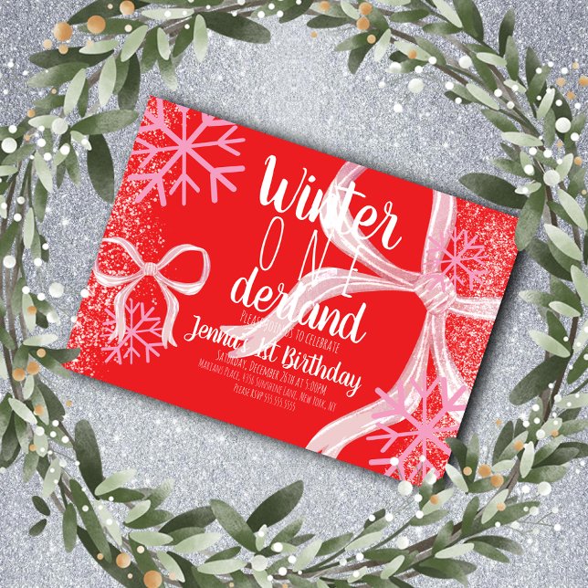 Pink Snowflake Snowy Script First Birthday Bow Einladung (Von Creator hochgeladen)