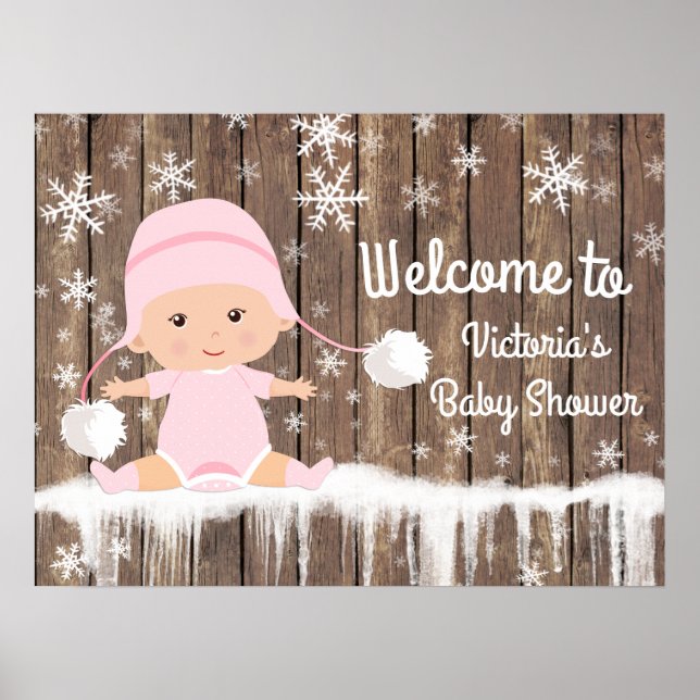 Pink Snowflake Winter Baby Duschzeichen Poster (Vorne)