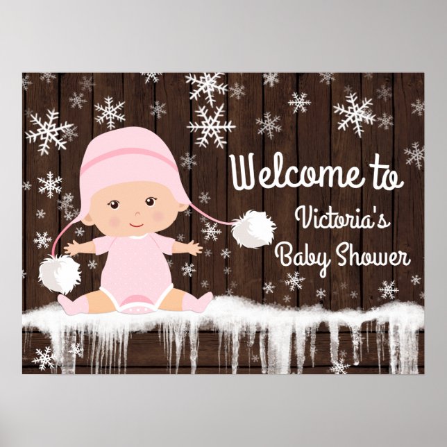Pink Snowflake Winter Baby Duschzeichen Poster (Vorne)