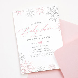 Pink Snowflake Winter Girl Babydusche Einladung