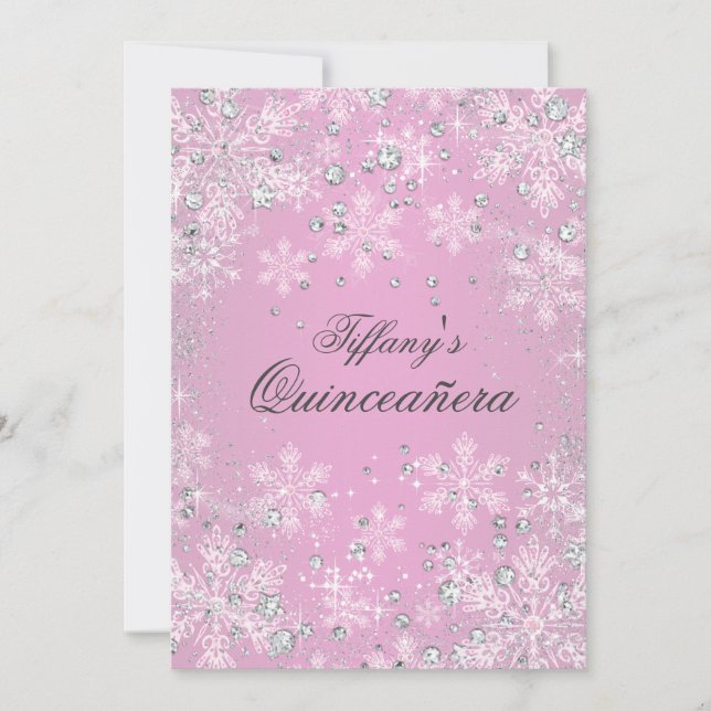 Pink Snowflake Winter Wonderland Quinceanera Einladung (Vorderseite)