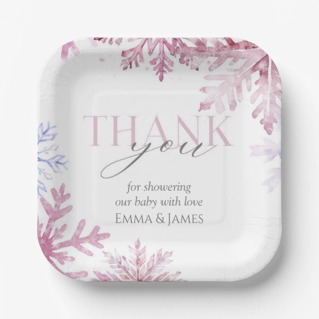 Pink Snowflake Winterurlaub Papier Teller (Vorderseite)