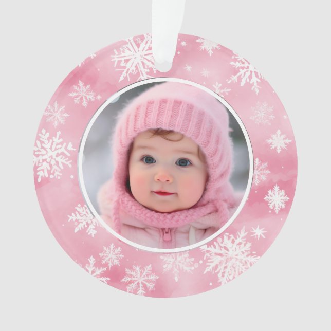 Pink Snowflakes Baby Girl Erstes Weihnachtsfest Fo Ornament (Vorderseite)