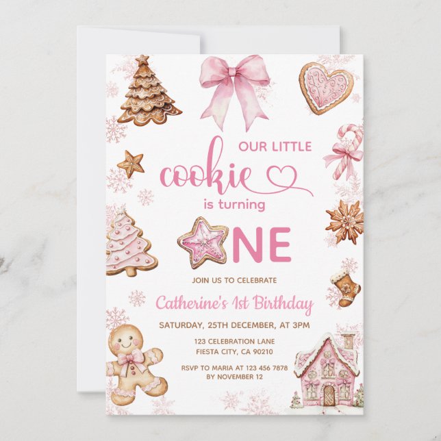 Pink Snowflakes Gingerbread Christmas 1st Birthday Einladung (Vorderseite)