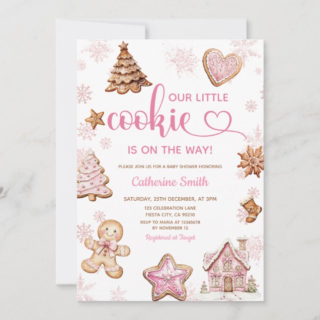 Pink Snowflakes Gingerbread Christmas Baby Shower Einladung (Vorderseite)
